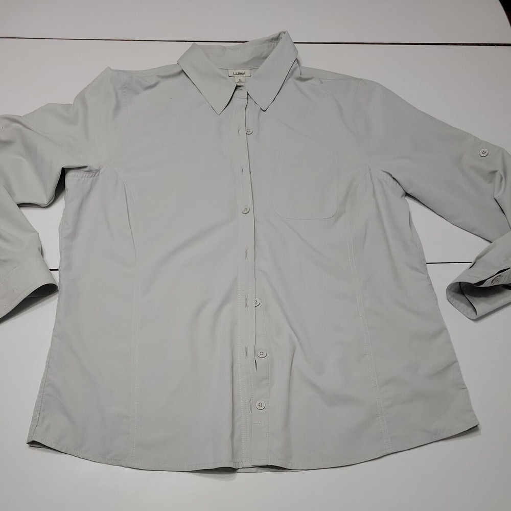 LL Bean Womens XL Button Front Shirt Grey Roll Tab Sleeve Collar Light Ripstop